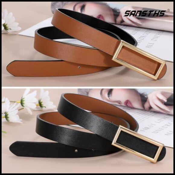 Reversible Skinny Faux Leather Belt with Gold Buckle for Women
